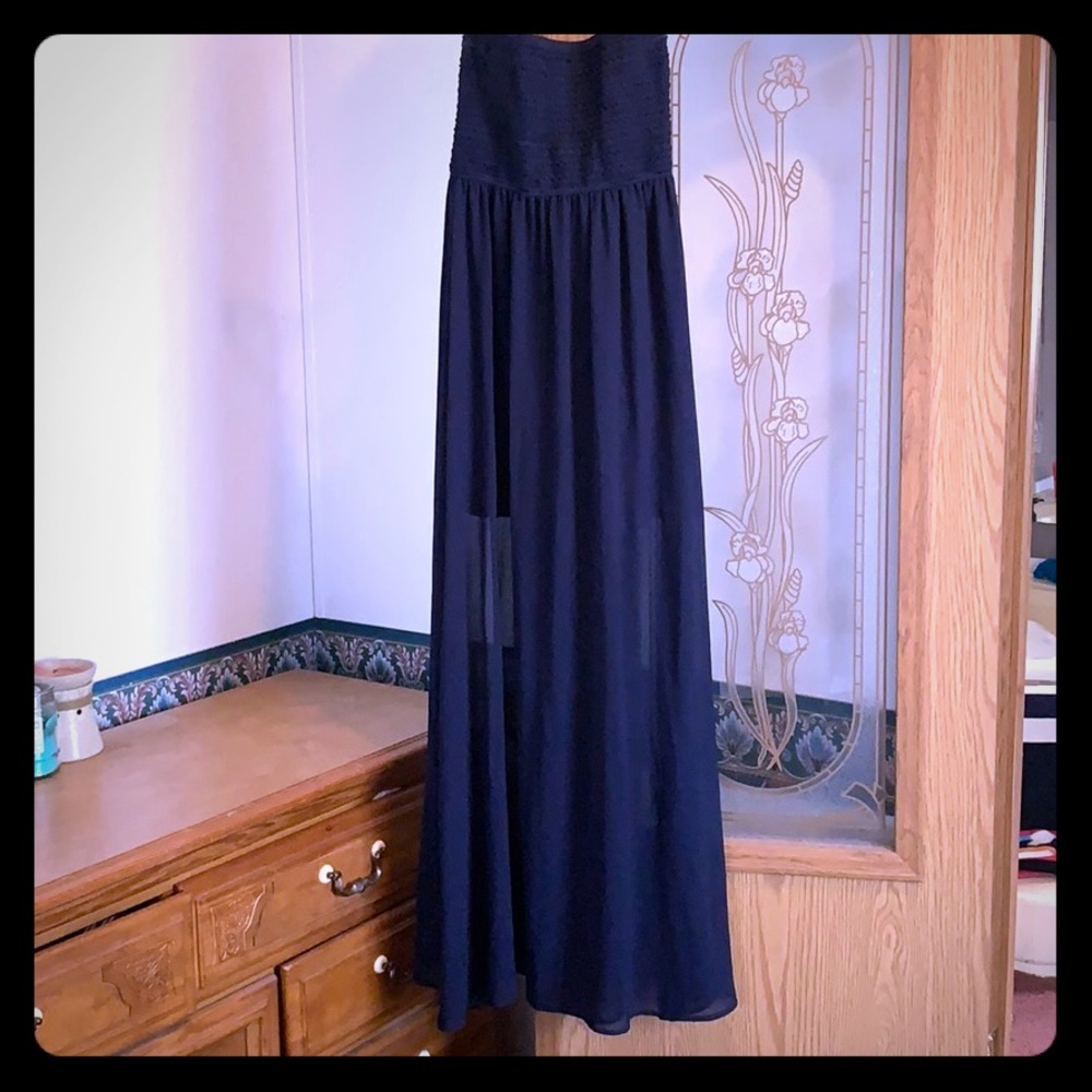 Long strapless dress with sheer bottom